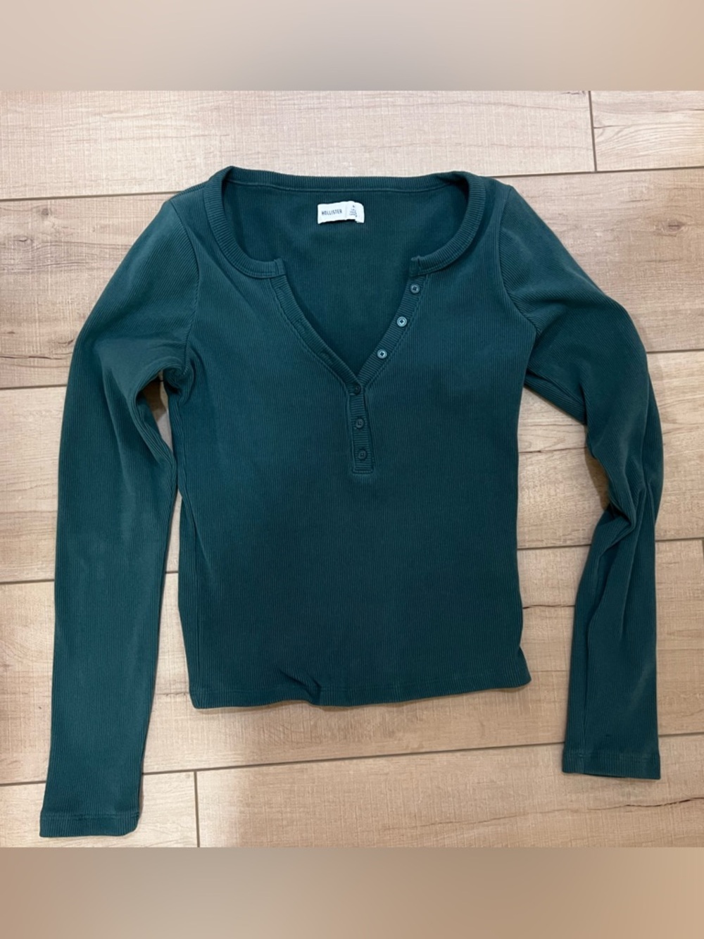 Forest Green Ribbed Henley Long Sleeve Top